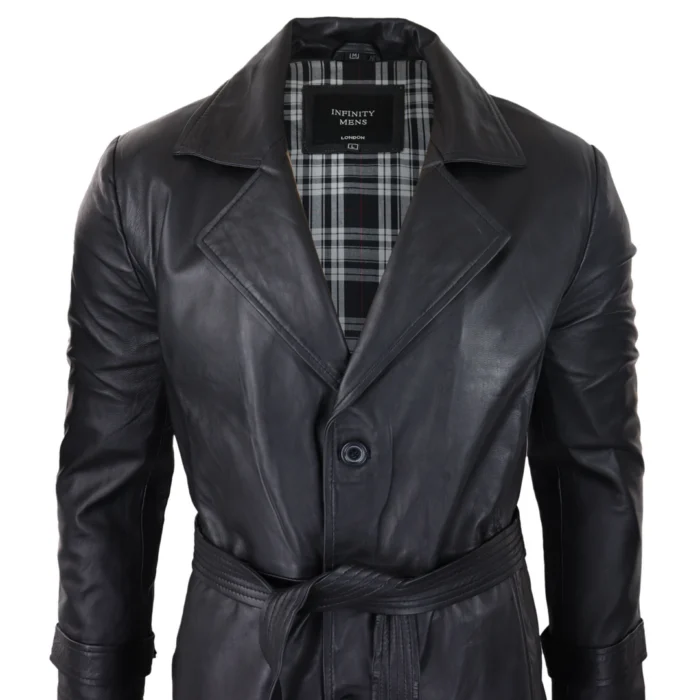Mens Black 3/4 Mac Long Real Leather Classic Belted Punk Jacket Coat Vintage 80s - Image 5