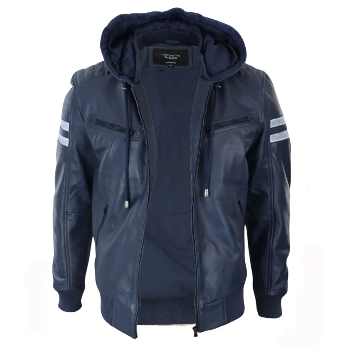 Mens Blue Black Hood Real Leather Bomber Jacket Red Stripes Quilted Slim Fit Casual - Image 24