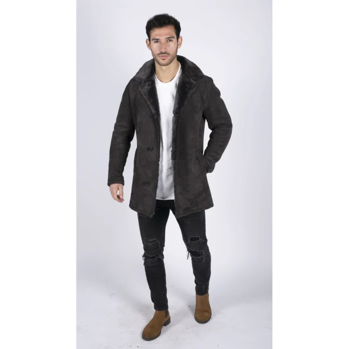 Mens Real Sheepskin Coat Brown Vintage Classic 3/4 Jacket Button Down V Neck - Image 5