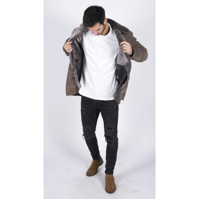 Mens Real Sheepskin Coat Beige Vintage Classic 3/4 Jacket Button Down V Neck - Image 4