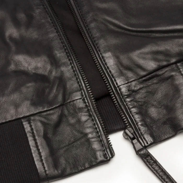 Mens Blue Black Hood Real Leather Bomber Jacket Red Stripes Quilted Slim Fit Casual - Image 4