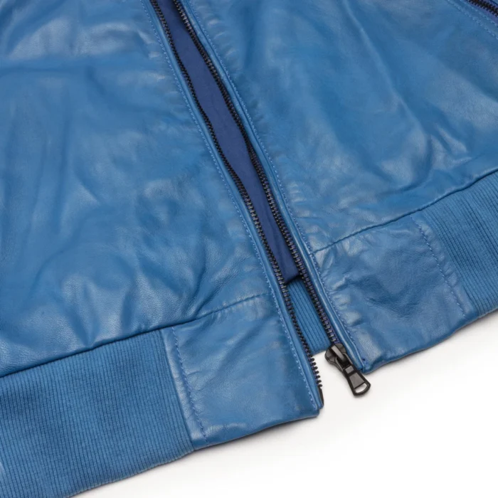 Mens Blue Black Hood Real Leather Bomber Jacket Red Stripes Quilted Slim Fit Casual - Image 9