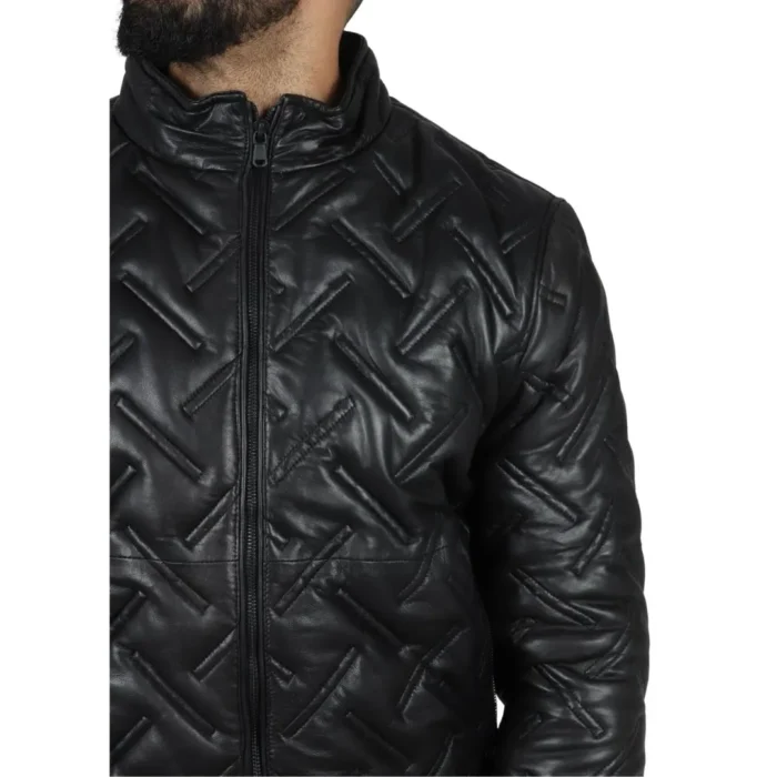 Men's Puffer Quilted Bomber Jacket Real Leather Casual - Image 5