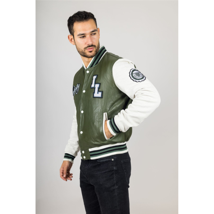 Men's Olive Green Genuine Leather Bomber Jacket Baseball Letterman Coat - Image 6