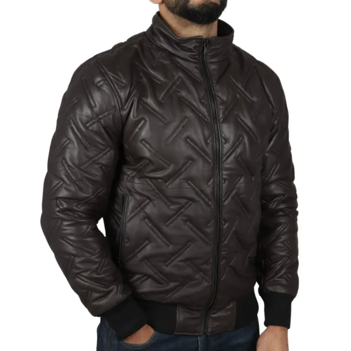 Men's Puffer Quilted Bomber Jacket Real Leather Casual - Image 11
