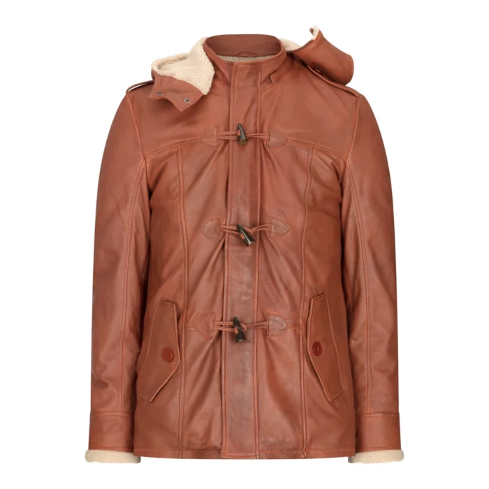 Mens Real Leather Hood Duffle Safari Jacket Long 3/4 Fur Washed Vintage Brown - Image 9