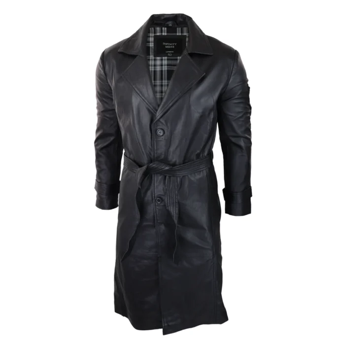 Mens Black 3/4 Mac Long Real Leather Classic Belted Punk Jacket Coat Vintage 80s - Image 4