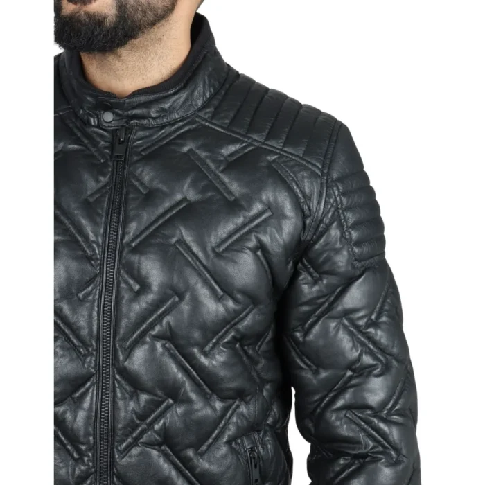 Men's Quilted Puffer Padded Biker Motorcycle Style Real Leather Jacket - Image 7