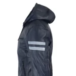 Mens Blue Black Hood Real Leather Bomber Jacket Red Stripes Quilted Slim Fit Casual - Image 23