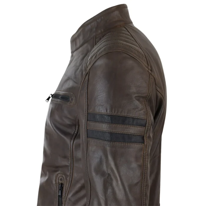 Mens Real Leather Biker Racing Jacket Red Stripes Zip Retro Casual Black Short - Image 16