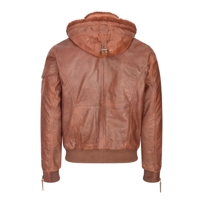Mens Real Leather Hood Fur Jacket Bomber Aviator Tan Brown Retro - Image 5