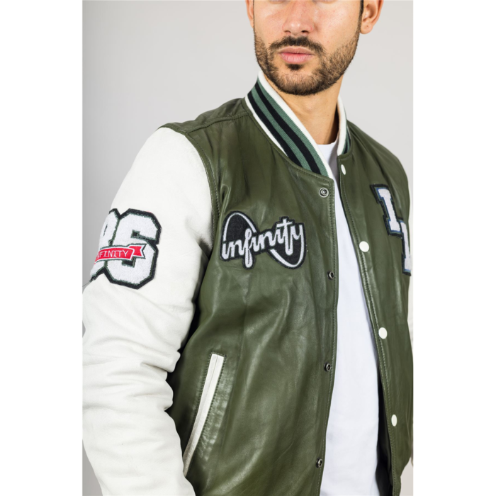 Men's Olive Green Genuine Leather Bomber Jacket Baseball Letterman Coat - Image 5