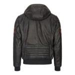 Mens Blue Black Hood Real Leather Bomber Jacket Red Stripes Quilted Slim Fit Casual - Image 3