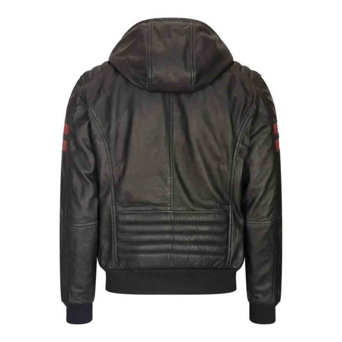 Mens Blue Black Hood Real Leather Bomber Jacket Red Stripes Quilted Slim Fit Casual - Image 3
