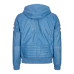 Mens Blue Black Hood Real Leather Bomber Jacket Red Stripes Quilted Slim Fit Casual - Image 8