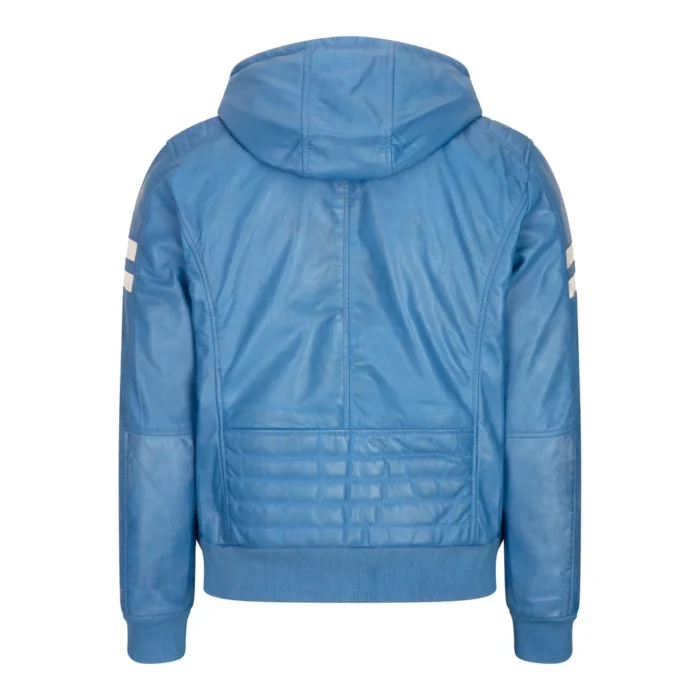 Mens Blue Black Hood Real Leather Bomber Jacket Red Stripes Quilted Slim Fit Casual - Image 8