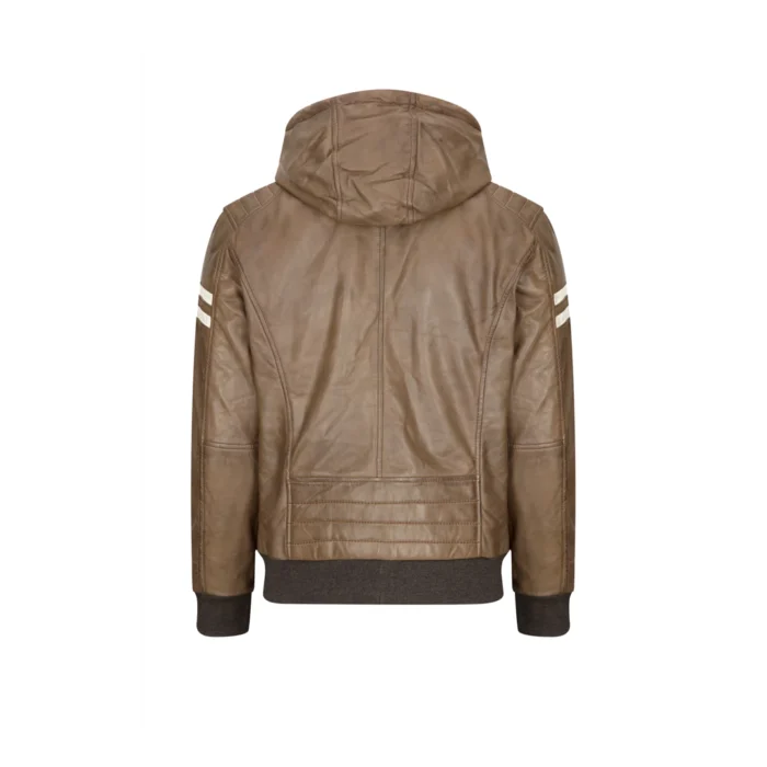 Mens Blue Black Hood Real Leather Bomber Jacket Red Stripes Quilted Slim Fit Casual - Image 15
