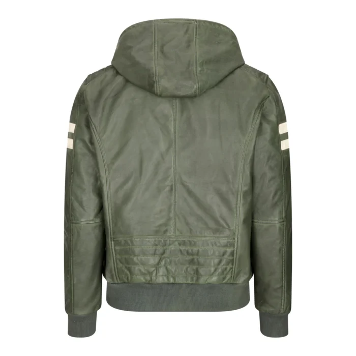 Mens Blue Black Hood Real Leather Bomber Jacket Red Stripes Quilted Slim Fit Casual - Image 17