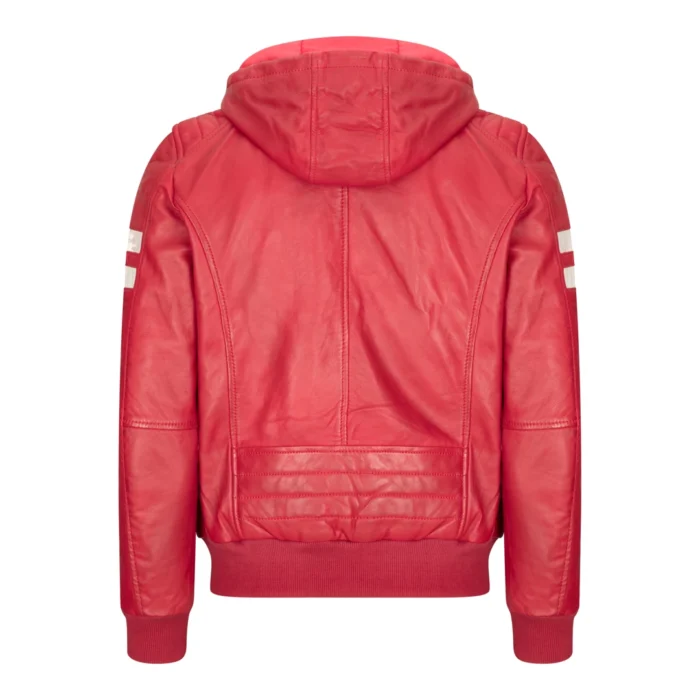 Mens Blue Black Hood Real Leather Bomber Jacket Red Stripes Quilted Slim Fit Casual - Image 28