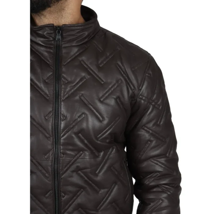 Men's Puffer Quilted Bomber Jacket Real Leather Casual - Image 10
