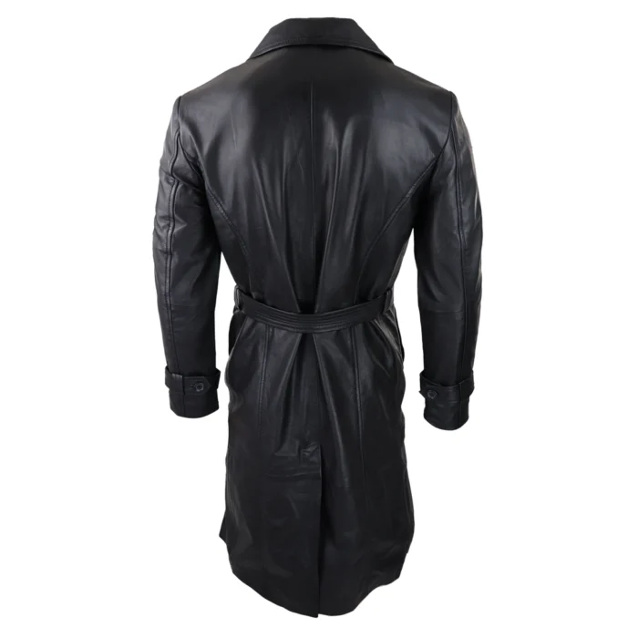 Mens Black 3/4 Mac Long Real Leather Classic Belted Punk Jacket Coat Vintage 80s - Image 3