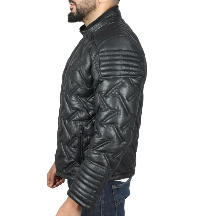 Men's Quilted Puffer Padded Biker Motorcycle Style Real Leather Jacket - Image 6