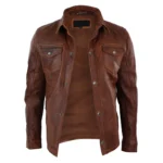 Mens Tan Timber Wine Red Washed Slim Fit Shirt Jacket Retro Smart Casual Genuine Leather - Image 9
