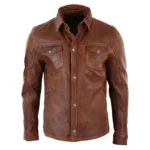Mens Tan Timber Wine Red Washed Slim Fit Shirt Jacket Retro Smart Casual Genuine Leather - Image 6