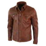 Mens Tan Timber Wine Red Washed Slim Fit Shirt Jacket Retro Smart Casual Genuine Leather - Image 7