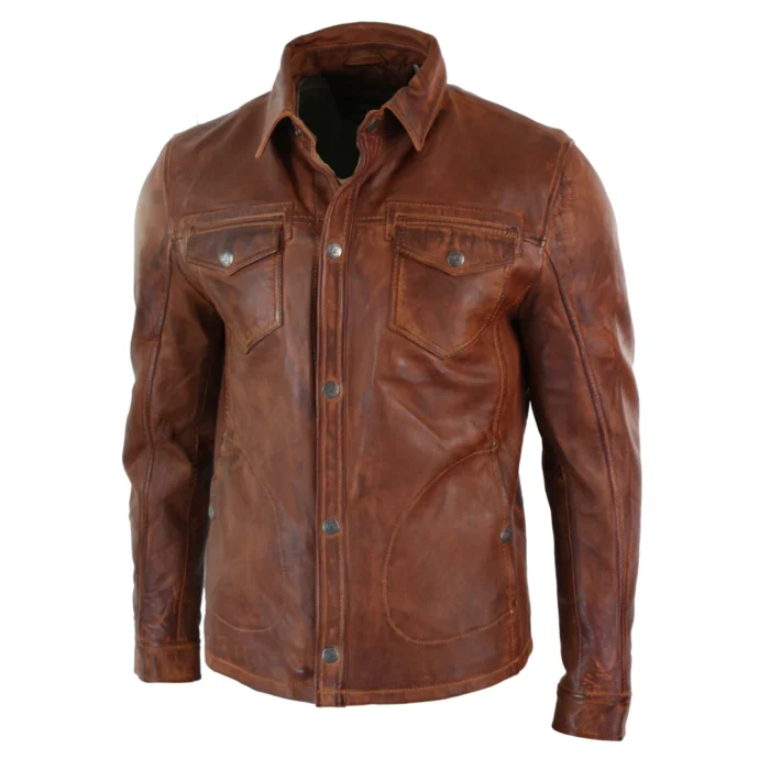 Mens Tan Timber Wine Red Washed Slim Fit Shirt Jacket Retro Smart Casual Genuine Leather - Image 7