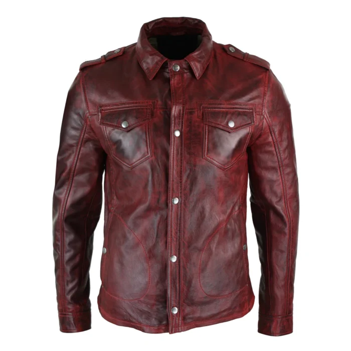 Mens Tan Timber Wine Red Washed Slim Fit Shirt Jacket Retro Smart Casual Genuine Leather - Image 1