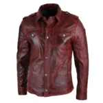 Mens Tan Timber Wine Red Washed Slim Fit Shirt Jacket Retro Smart Casual Genuine Leather - Image 2