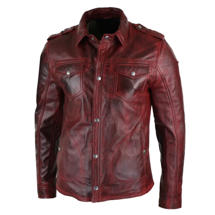 Mens Tan Timber Wine Red Washed Slim Fit Shirt Jacket Retro Smart Casual Genuine Leather - Image 2