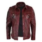 Mens Tan Timber Wine Red Washed Slim Fit Shirt Jacket Retro Smart Casual Genuine Leather - Image 4