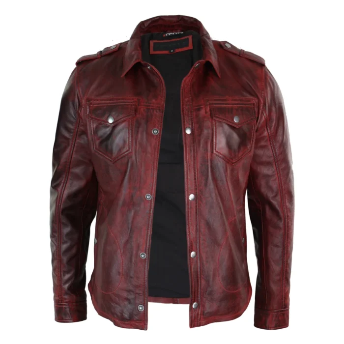 Mens Tan Timber Wine Red Washed Slim Fit Shirt Jacket Retro Smart Casual Genuine Leather - Image 4