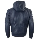 Mens Blue Black Hood Real Leather Bomber Jacket Red Stripes Quilted Slim Fit Casual - Image 22