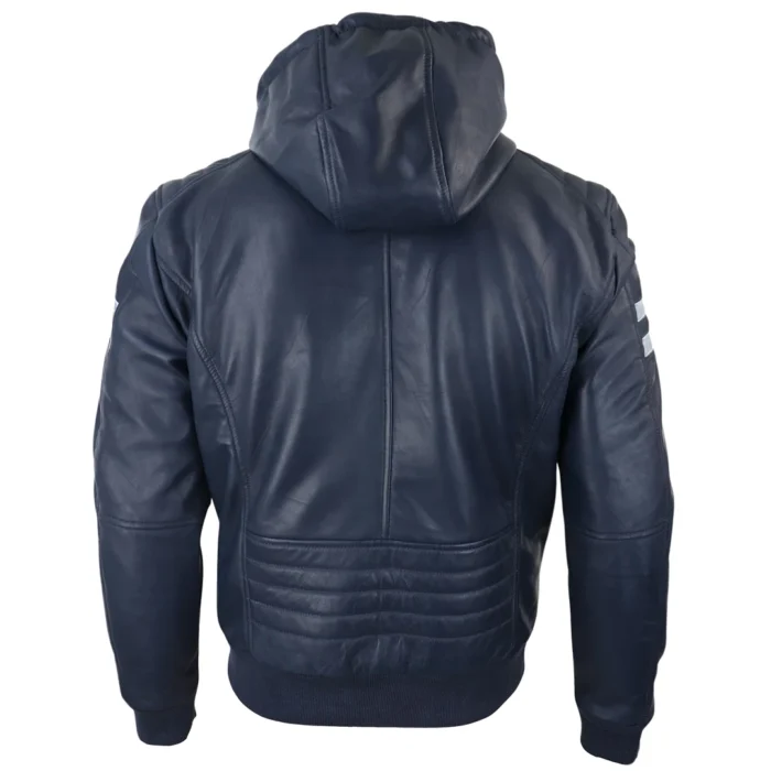 Mens Blue Black Hood Real Leather Bomber Jacket Red Stripes Quilted Slim Fit Casual - Image 22