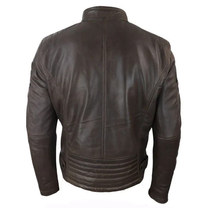Mens Real Leather Biker Racing Jacket Red Stripes Zip Retro Casual Black Short - Image 15