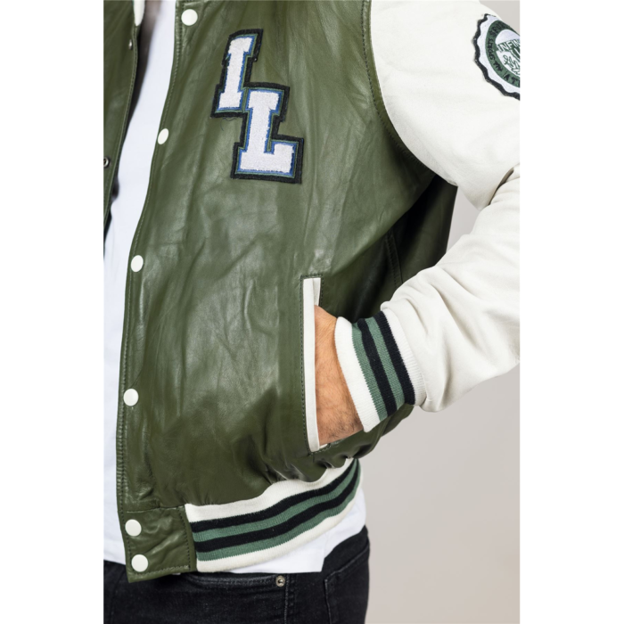 Men's Olive Green Genuine Leather Bomber Jacket Baseball Letterman Coat - Image 4