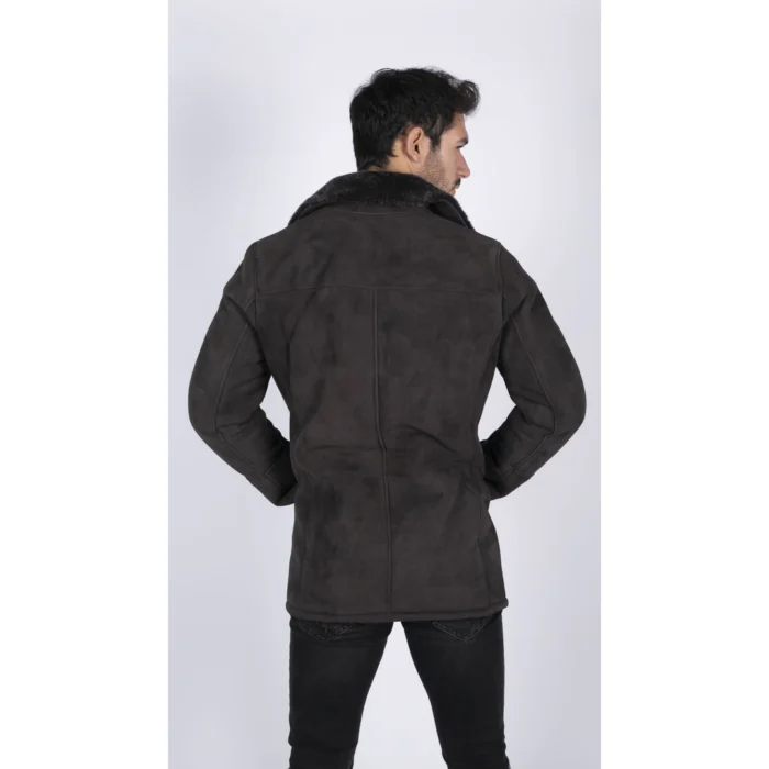 Mens Real Sheepskin Coat Brown Vintage Classic 3/4 Jacket Button Down V Neck - Image 3