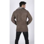 Mens Real Sheepskin Coat Beige Vintage Classic 3/4 Jacket Button Down V Neck - Image 3