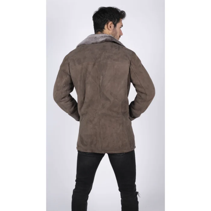 Mens Real Sheepskin Coat Beige Vintage Classic 3/4 Jacket Button Down V Neck - Image 3
