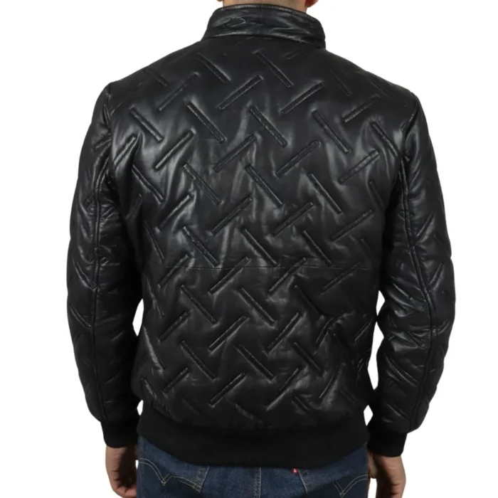 Men's Puffer Quilted Bomber Jacket Real Leather Casual - Image 3