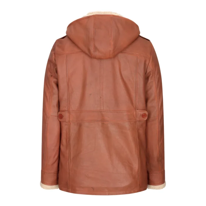 Mens Real Leather Hood Duffle Safari Jacket Long 3/4 Fur Washed Vintage Brown - Image 10