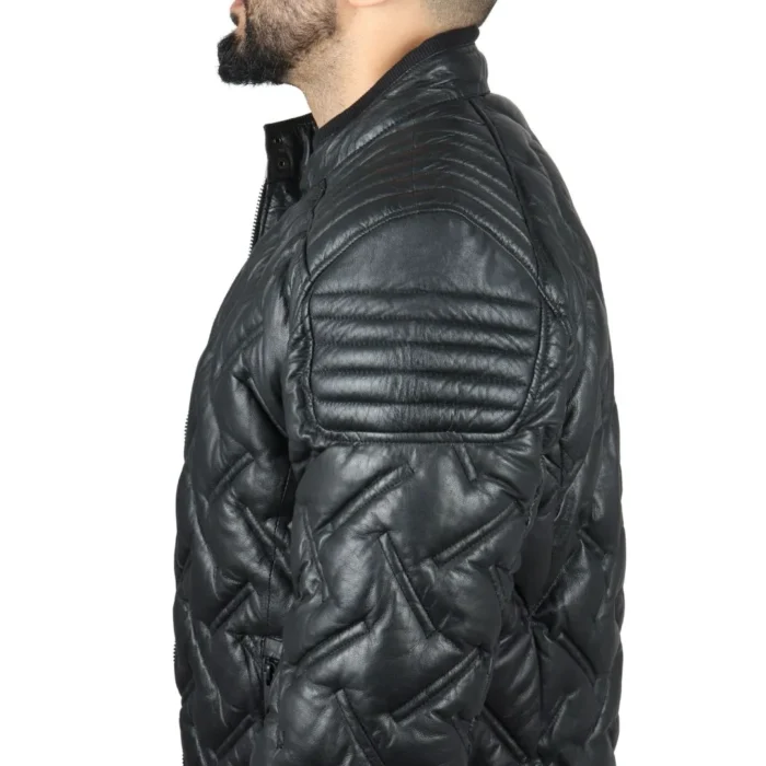 Men's Quilted Puffer Padded Biker Motorcycle Style Real Leather Jacket - Image 5