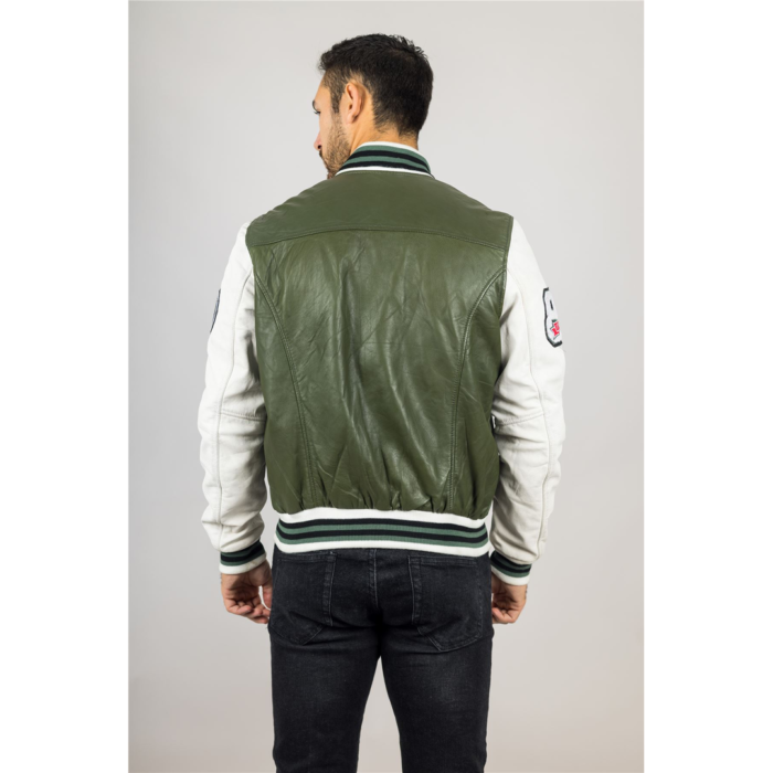 Men's Olive Green Genuine Leather Bomber Jacket Baseball Letterman Coat - Image 3
