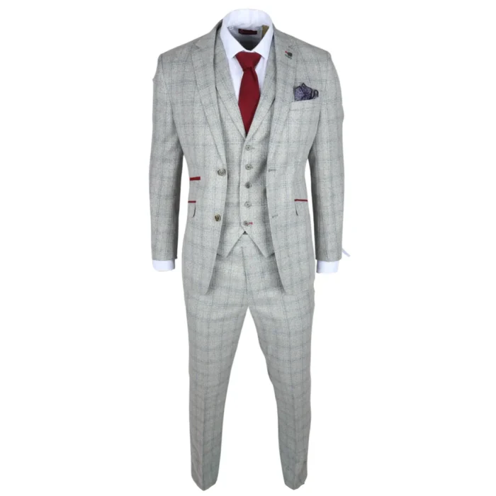 Men's Suit 3 Piece Grey Checked Slim Fit Formal Dress - Image 3