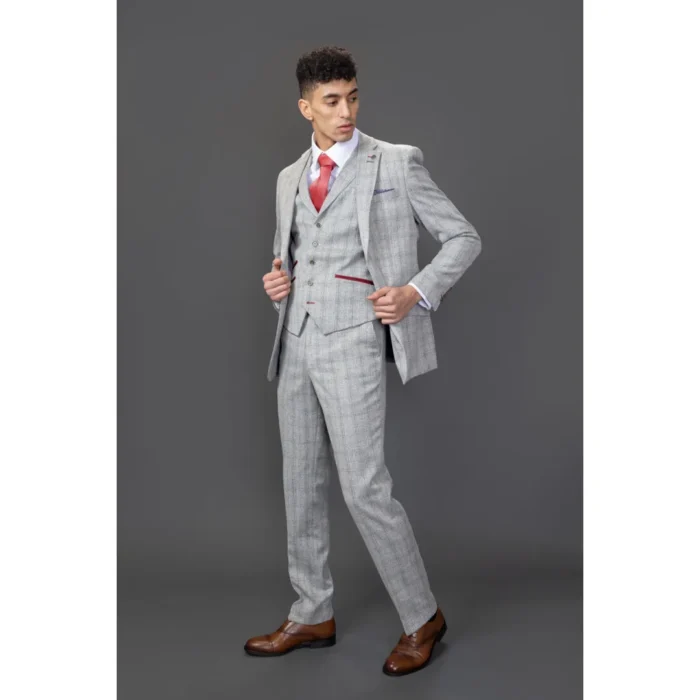 Men's Suit 3 Piece Grey Checked Slim Fit Formal Dress - Image 7
