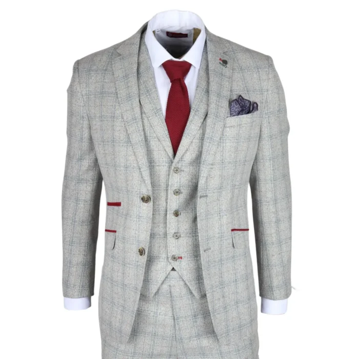 Men's Suit 3 Piece Grey Checked Slim Fit Formal Dress - Image 1