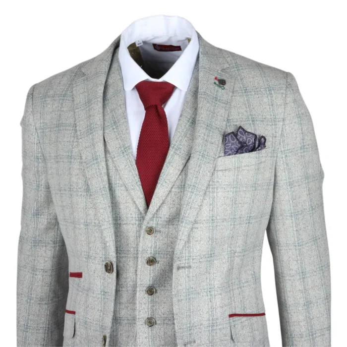 Men's Suit 3 Piece Grey Checked Slim Fit Formal Dress - Image 4